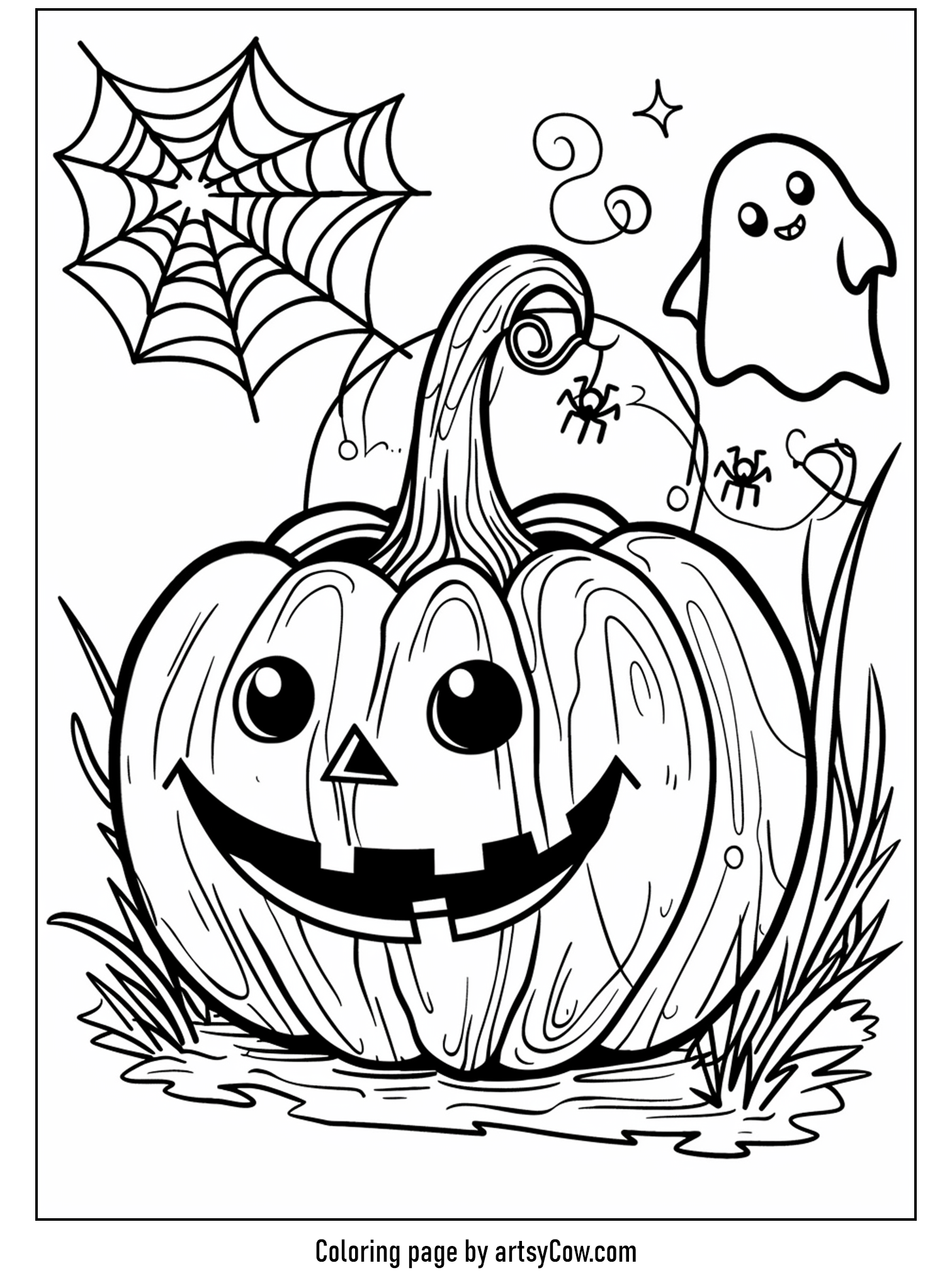 halloween pumpkin drawings for kids featuring a smiling pumpkin with a spooky spiderweb and an adorable ghost.